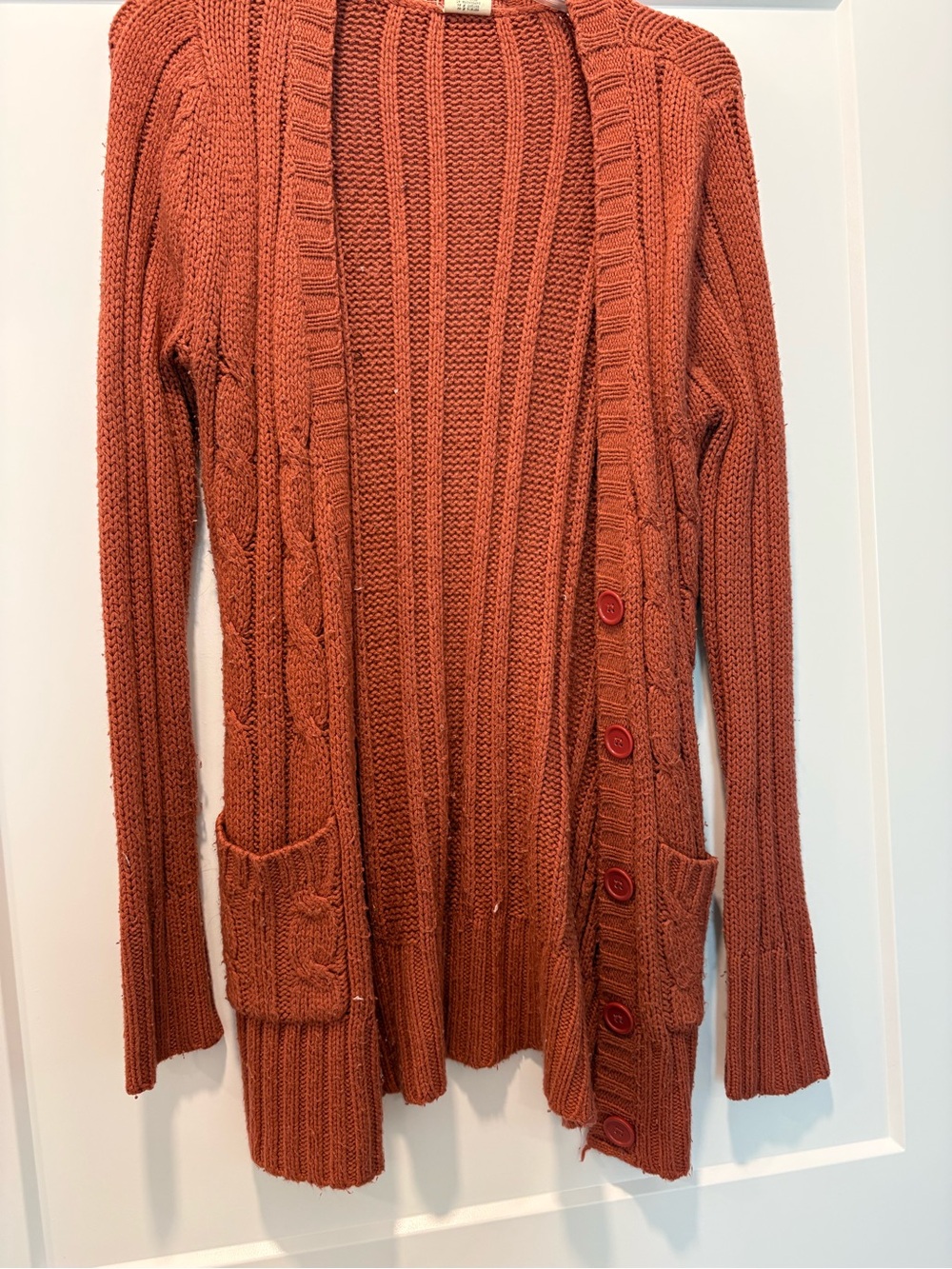 Essentials Rust Orange Cable Knit Button-Front Cardigan